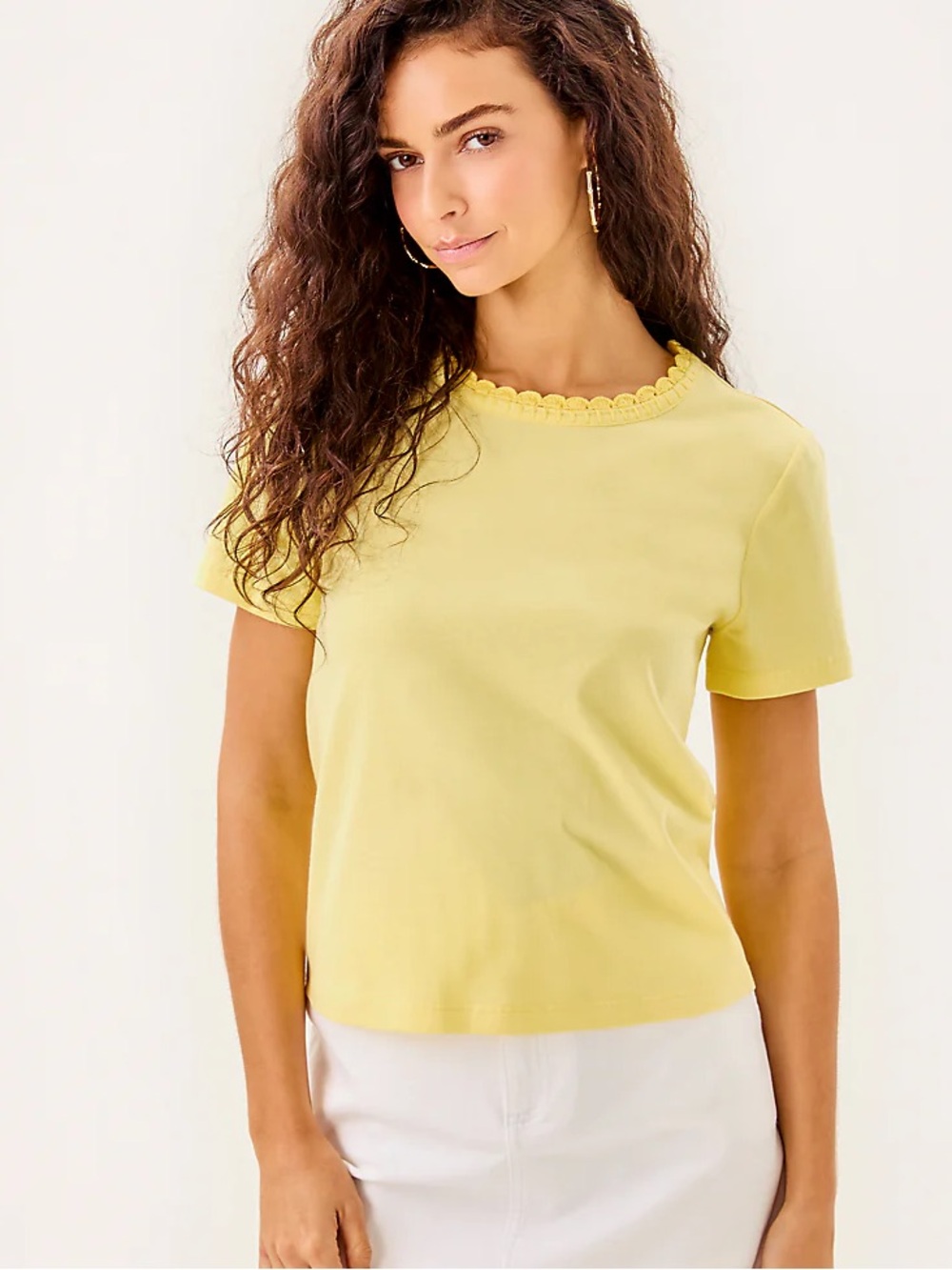 Lilly Pulitzer Pale Yellow Scalloped crochet neck Short-Sleeve Tee